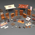 Public Facilities With Various Wooden Furniture Components Market Stalls Shelves Tables Chairs And Rugs