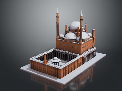 Traditional Islamic Tower Architecture with White Domes and Tall Red Brick Minarets 3d model