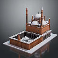Traditional Islamic Tower Architecture with White Domes and Tall Red Brick Minarets