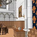Ancient Gothic Architecture Interior With Arched Ceilings Stained Glass Windows Chandeliers And Wooden Benches Murals
