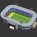 Modern Stadium Architecture With Blue Exterior Red Seats Green Pitch And Floodlights