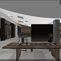 Modern Restaurant Interior With Skylights Fireplace And Wooden Dining Table