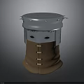 Cylindrical Decorative Component With Shiny Metallic Top And Textured Brown Leather Base