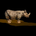 Realistic Rhino-like Reptile Figurine with Rough Skin and Yellow Shadow on Black Background