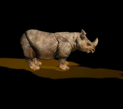 Realistic Rhino-like Reptile Figurine with Rough Skin and Yellow Shadow on Black Background 3d model
