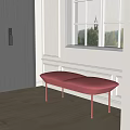 Red Upholstered Bench in Room With White Wall Window Wooden Floor and Dark Door
