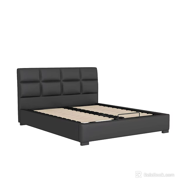 Modern Black Leather Double Bed with Tufted Headboard Frame 3d model 