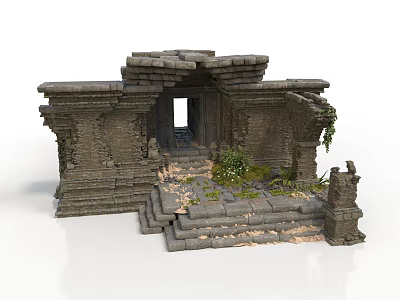 Ancient Stone Architectural Ruins With Archway Steps And Growing Plants 3d model