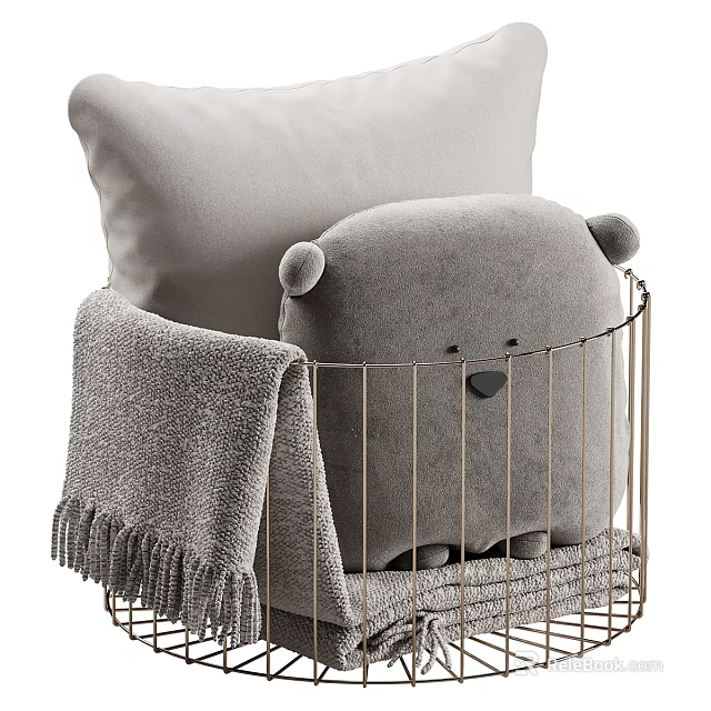 Cozy Living Essentials In Metal Wire Basket With Blanket And Teddy Bear Cushion 3d model 