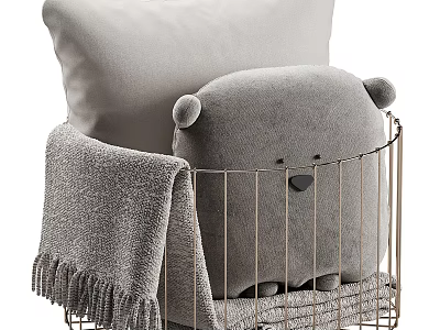 Cozy Living Essentials In Metal Wire Basket With Blanket And Teddy Bear Cushion 3d model