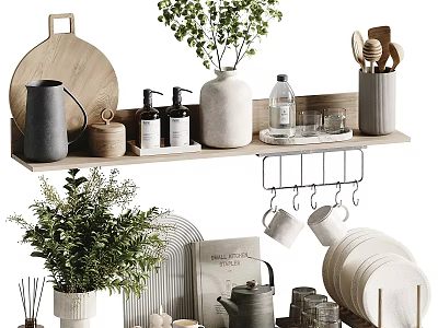 Neat Kitchenware Display On Shelves With Plants Dishes And Decor 3d model