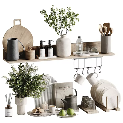 Neat Kitchenware Display On Shelves With Plants Dishes And Decor 3d model