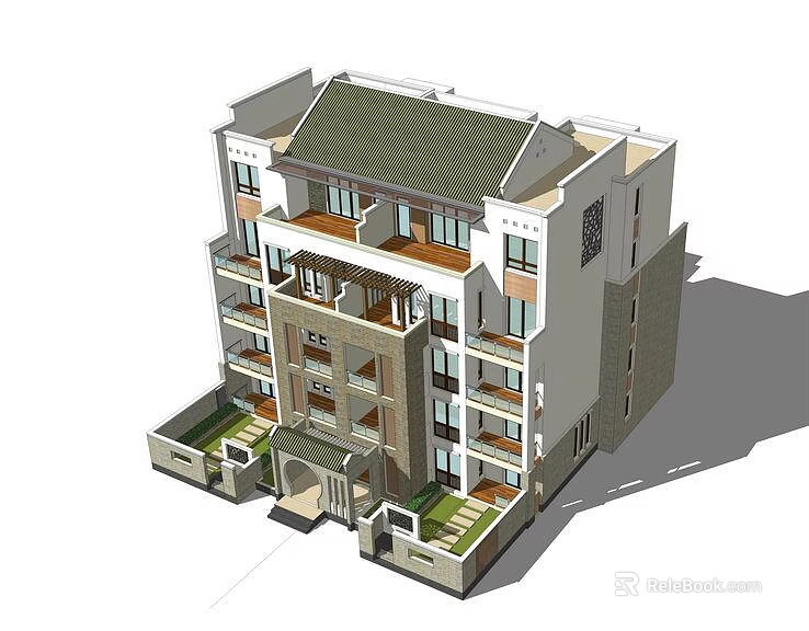 Shower Sauna Integration in Modern Multi Story Building with Balconies Green Roof and Courtyard 3d model 
