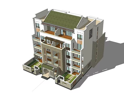 Shower Sauna Integration in Modern Multi Story Building with Balconies Green Roof and Courtyard 3d model