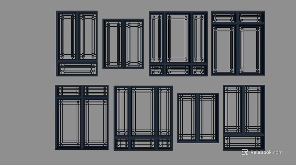 Various Window Frame Designs With Decorative Grid Patterns And Styles 3d model