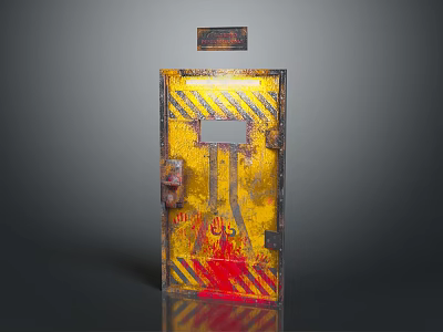 Yellow Rusty Door with Black Warning Stripes Red Graffiti Observation Window and Top Sign 3d model