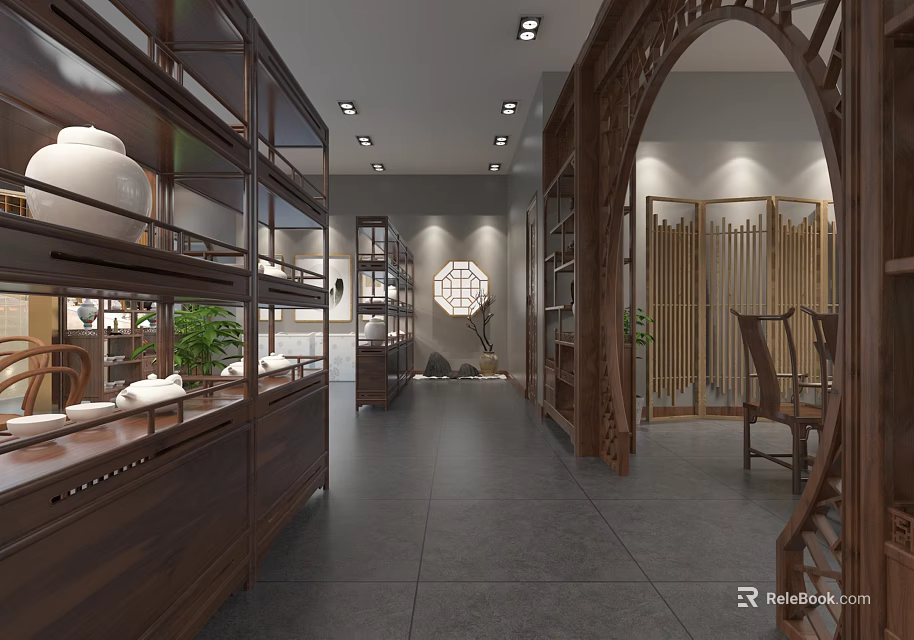 Chinese Style Tobacco And Alcohol Store Interior With Wooden Shelves And Display Cabinets 3d model 
