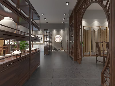 Chinese Style Tobacco And Alcohol Store Interior With Wooden Shelves And Display Cabinets 3d model