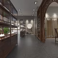 Chinese Style Tobacco And Alcohol Store Interior With Wooden Shelves And Display Cabinets
