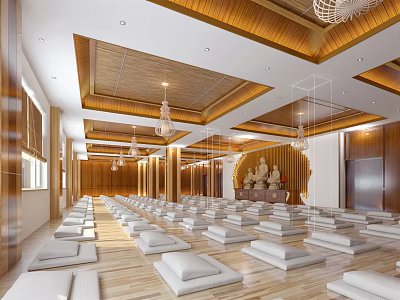 Spacious Religious Faith Hall With Buddha Statue Wooden Decor Chandeliers And White Cushions 3d model