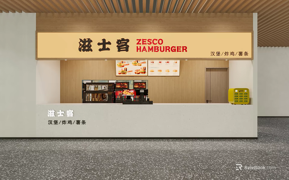ZESCO HAMBURGER Restaurant Serving Hamburgers Fried Chicken And Fries With Counter And Signage 3d model 