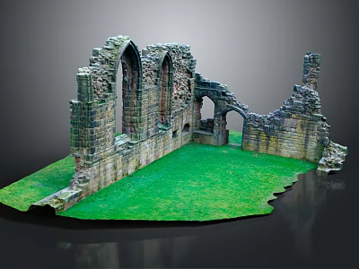 Ancient Stone Ruins Remains With Archway Windows And Green Grass Field 3d model