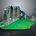 Ancient Stone Ruins Remains With Archway Windows And Green Grass Field