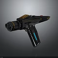 Futuristic Sci Fi Handgun Featuring Gold Accents Black Body And Blue Grip Design