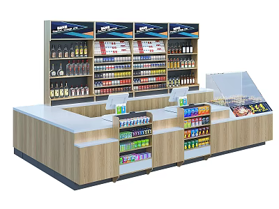 Modern Retail Store Reception Desk With Wooden Counter And Product Display Shelves 3d model