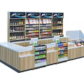 Modern Retail Store Reception Desk With Wooden Counter And Product Display Shelves