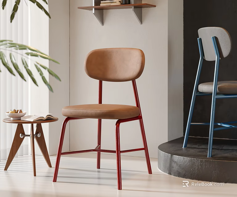 Modern Dining Chair Featuring Brown Upholstered Seat And Red Metal Legs In Minimalist Interior 3d model 