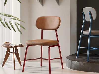 Modern Dining Chair Featuring Brown Upholstered Seat And Red Metal Legs In Minimalist Interior 3d model