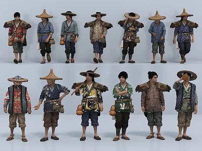 Multiple Men Wearing Traditional Clothing With Straw Hats And Various Outfits 3d model