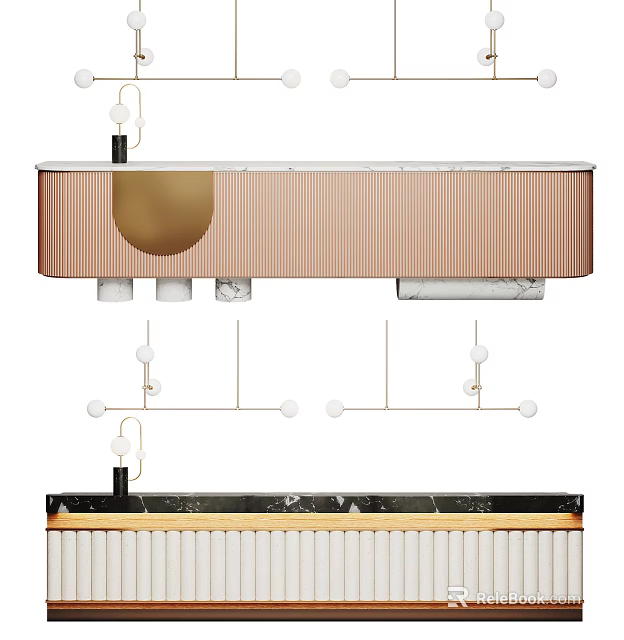 Modern Reception Desk Design With Rose Gold Stripes And White Marble Top 3d model 