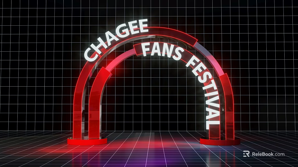 Vibrant Red Illuminated CHAGEE Fans Festival Event Archway with Grid Background 3d model 