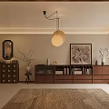 Warm Mid Century Living And Dining Room Interior With Wooden Furniture And Art Wall Decor
