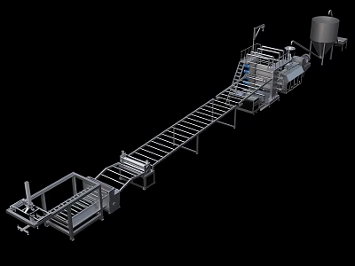 Long Automated Industrial Production Line Equipment With Conveyor Belt Storage Tank And Robotic Arm 3d model