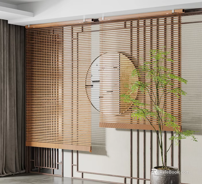 Modern Interior Design With Wooden Venetian Blinds Round Mirror And Green Plant 3d model 