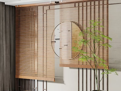 Modern Interior Design With Wooden Venetian Blinds Round Mirror And Green Plant 3d model
