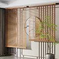 Modern Interior Design With Wooden Venetian Blinds Round Mirror And Green Plant