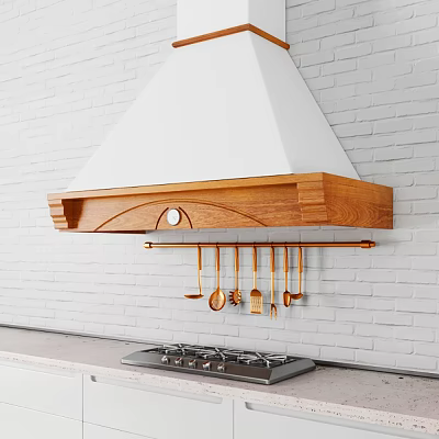Modern Kitchen With Wooden Range Hood Brass Utensils And Gas Stove On White Brick Wall 3d model