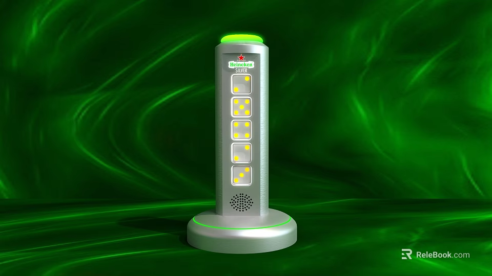 Silver Columnar Device With Green Top And Yellow Indicator Lights On Green Wavy Background 3d model 