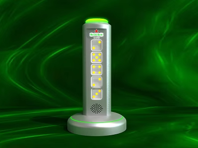 Silver Columnar Device With Green Top And Yellow Indicator Lights On Green Wavy Background 3d model