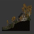 Rural Landscape Model With Stone House Orange Leaved Trees Green Pines Pathway And Water Area