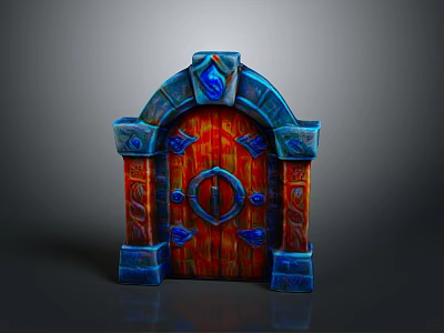 Ornate Fantasy Wooden Door With Red Carved Panels Blue Gemstone And Arch Design 3d model