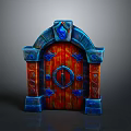 Ornate Fantasy Wooden Door With Red Carved Panels Blue Gemstone And Arch Design