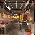 Industrial Style Restaurant Interior With Metal Pipes Neon Signs And Metal Tables Chairs