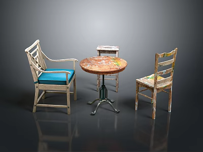 Decorative Wooden Furniture Set With Round Table Two Chairs Blue Cushion And Side Table 3d model