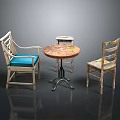 Decorative Wooden Furniture Set With Round Table Two Chairs Blue Cushion And Side Table