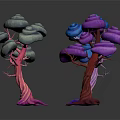 Cartoon Fantasy Scene With Colorful Mushroom Trees Pink Trunks And Blue Caps